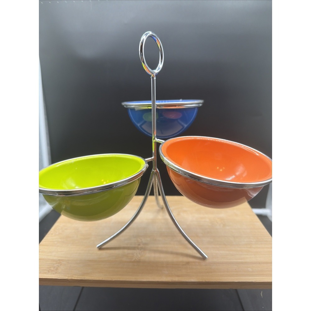 Vintage 3 -Tier Dip Bowls Orange, Blue, Green Condiment Caddy Server Very Rare